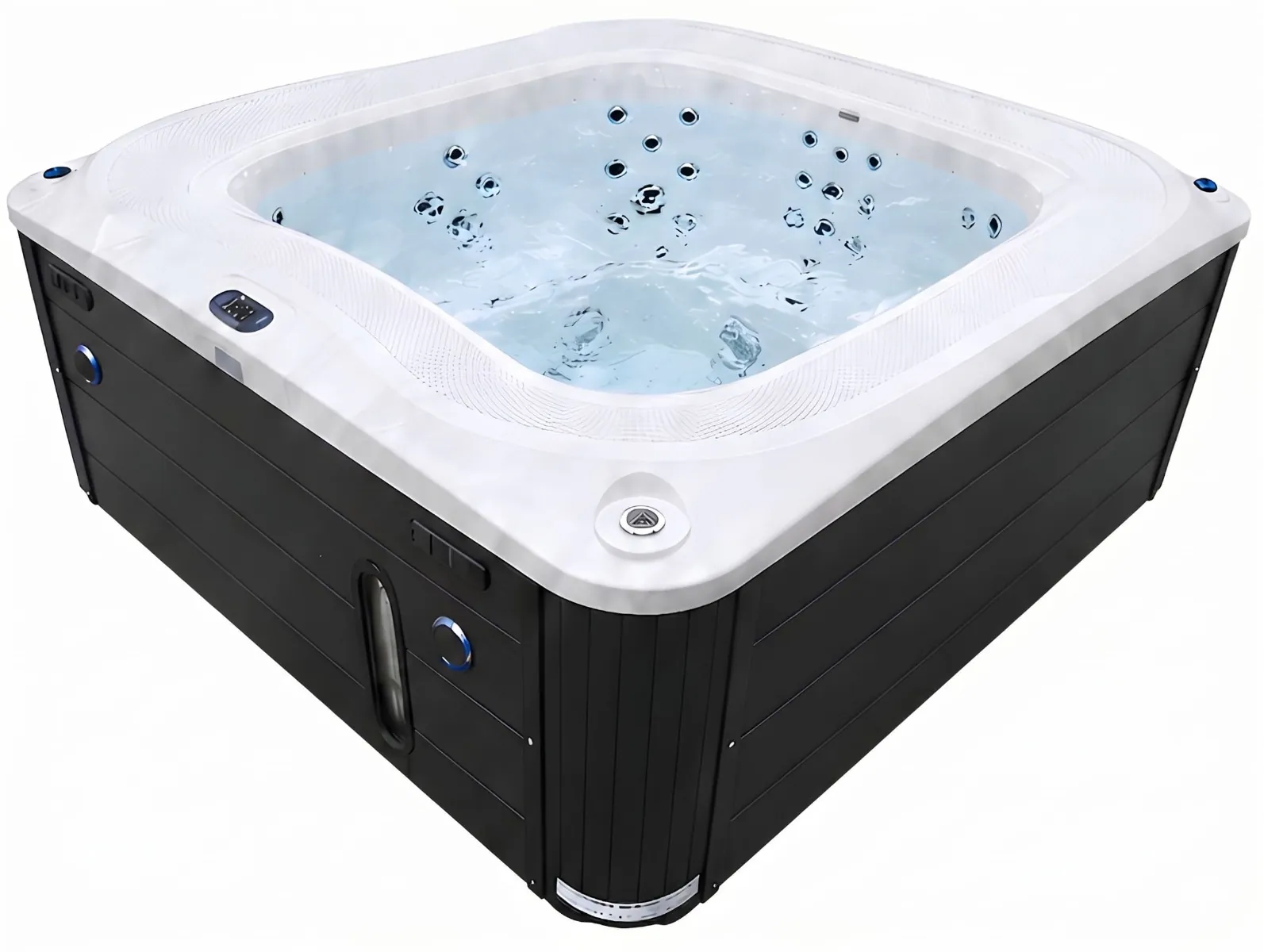 Przelewowy basen z hydromasażem Aquajoy Serenity (250х230х96 cm), srebrnobiały marmur, czarna obudowa